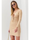 Beige ribbed dress with ruffles FG596 - Online store - Boutique